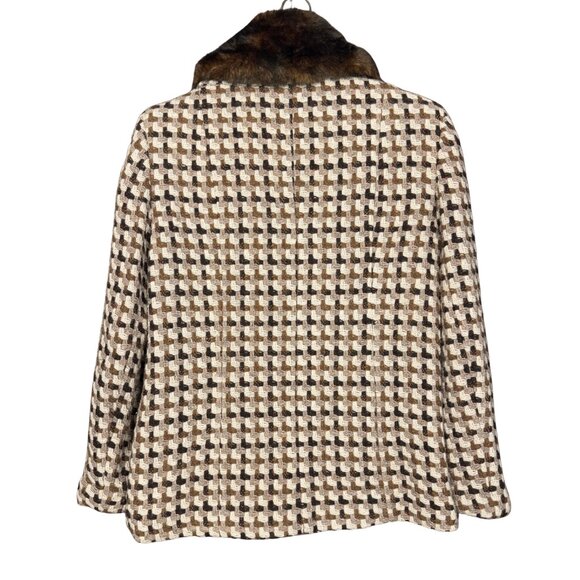 Vintage 90s Boho Wool Blend Coat Brown Cream Houndstooth Jacket Faux Fur Collar - Picture 6 of 11
